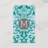 Carte De Visite Modèle gris chic et Damas Turquoise Monogramme per (Devant)