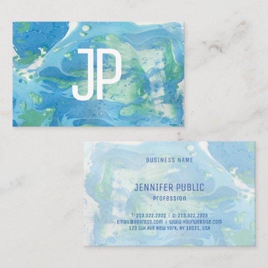 Carte De Visite Modèle monogramme Bleu Vert moderne Abstrait (Devant / Derrière)