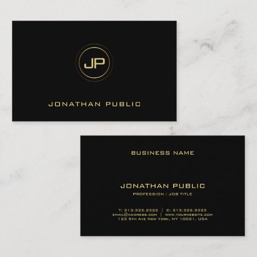 Carte De Visite Modèle noir créatif moderne Monogramme or (Devant / Derrière)