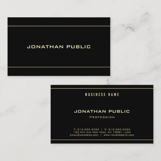 Carte De Visite Modèle noir moderne simple Gold Nom Texte (Devant / Derrière)