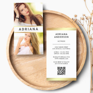 Carte De Visite Modèle or blanc Actrice QR Code 2 Photo Collage