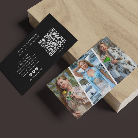 Carte De Visite Modèle Professionnel 3 Collage Photo Code QR Noir