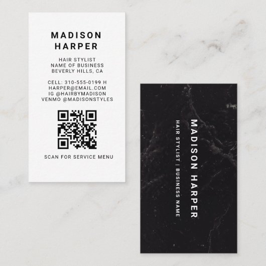 Carte De Visite Modern Black and White Marble QR Code Business (Devant / Derrière)