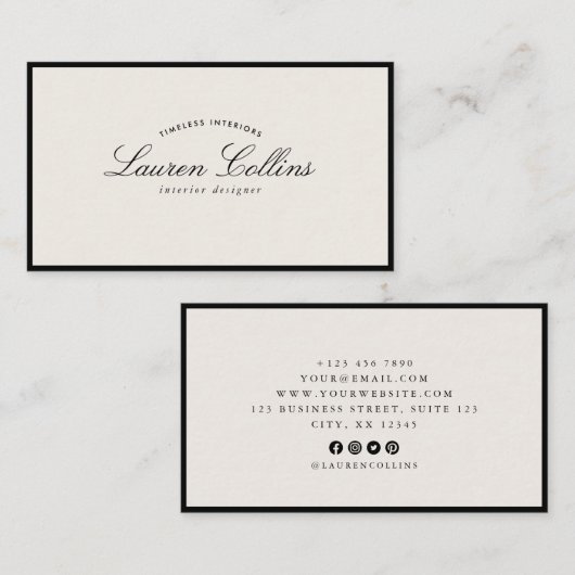Carte De Visite Modern Black Frame with Social Media Icons (Devant / Derrière)