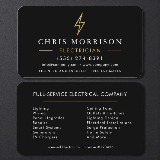 Carte De Visite Modern Black Gold Electrician Contractor