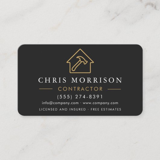 Carte De Visite Modern Black & Gold Metal Contractor QR Code (Devant)