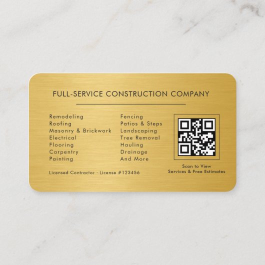 Carte De Visite Modern Black & Gold Metal Contractor QR Code (Dos)