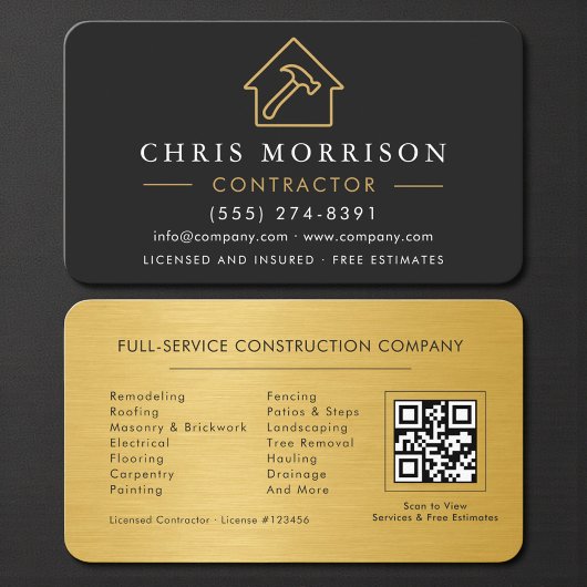 Carte De Visite Modern Black & Gold Metal Contractor QR Code