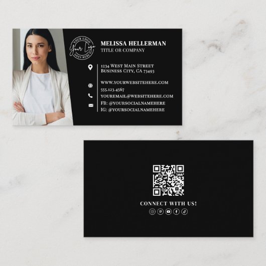 Carte De Visite Modern Black Professional QR Code Photo Logo (Devant / Derrière)