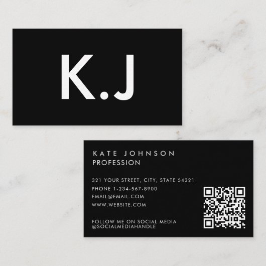 Carte De Visite Modern Black White Minimalist QR Code Monogram (Devant / Derrière)