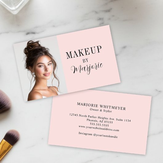 Carte De Visite Modern Blush Pink Black Script Photo Makeup