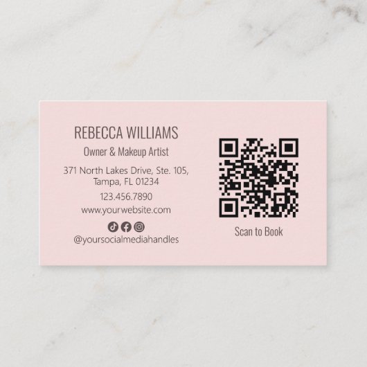 Carte De Visite Modern Blush Pink Script Font QR Code Photo Makeup (Dos)