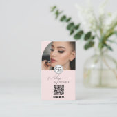 Carte De Visite Modern Blush Pink Script Logo QR Code Photo Makeup (Debout devant)