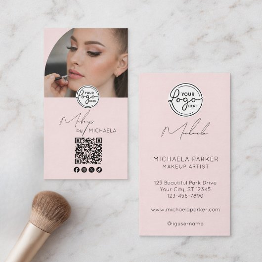 Carte De Visite Modern Blush Pink Script Logo QR Code Photo Makeup
