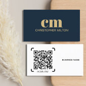 Carte De Visite Modern Bold Monogram QR code Navy Blue Consultant