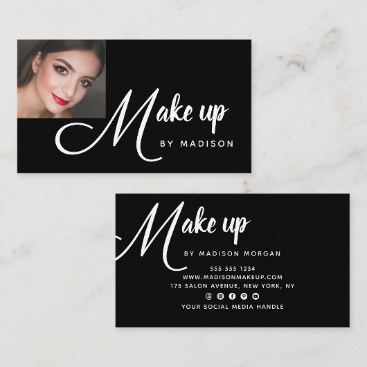 Carte De Visite Modern Bold White Script Photo Makeup