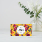 Carte De Visite Modern Bold Yellow Floral Custom Logo QR Code (Debout devant)