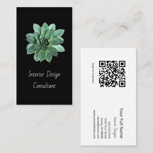 Carte De Visite Modern Botanical Succulent QR code Black   (Devant / Derrière)