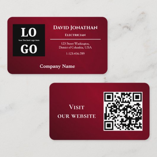 Carte De Visite Modern Burgundy Custom Logo and QR Code  (Devant / Derrière)