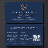Carte De Visite Modern Carpenter Navy Blue Gold QR Code