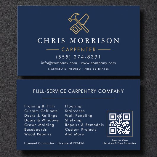 Carte De Visite Modern Carpenter Navy Blue Gold QR Code
