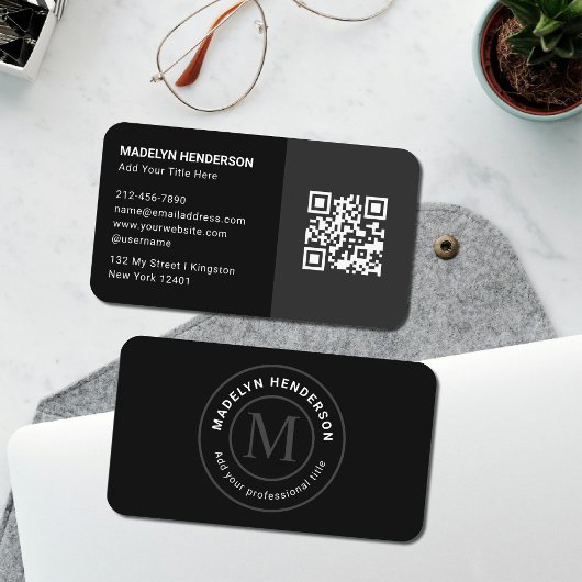 Carte De Visite Modern Clean Simple 2 Black Stamp Monogram QR Code