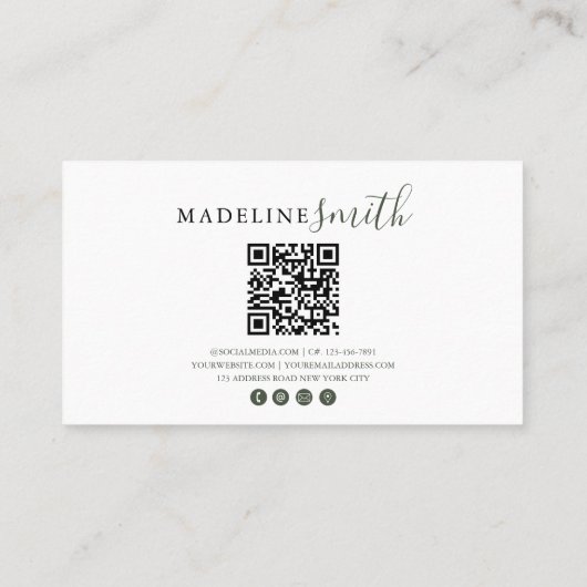 Carte De Visite Modern Dark Green Script QR code (Dos)