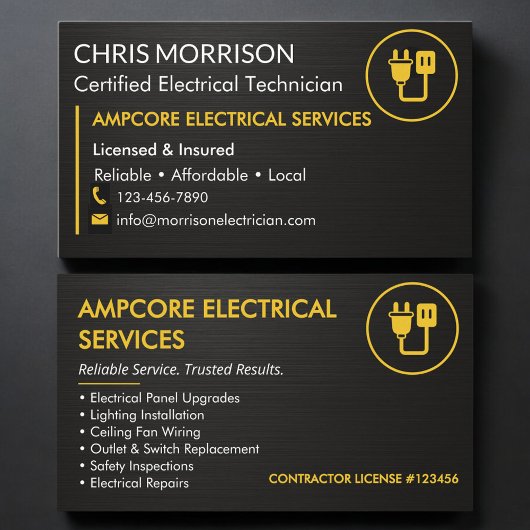Carte De Visite Modern Electrician Branding Black Yellow Metallic