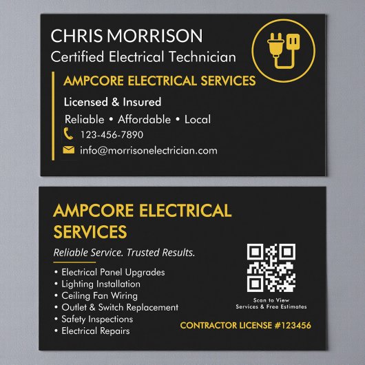 Carte De Visite Modern Electrician Contractor QR Code Black Yellow