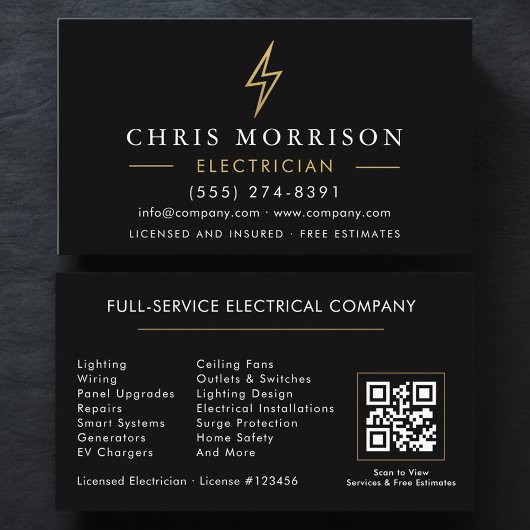 Carte De Visite Modern Electrician QR Code Black Gold Minimal