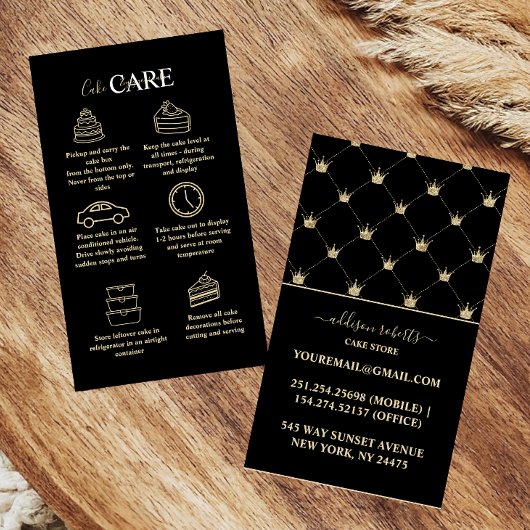 Carte De Visite Modern Glam Black Gold Crown Cake Care 