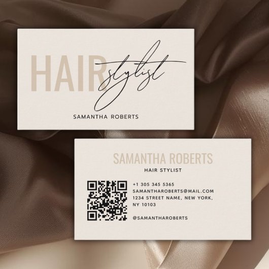 Carte De Visite Modern hair stylist QR Code cream