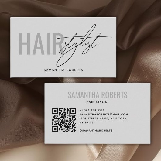 Carte De Visite Modern hair stylist QR Code gray
