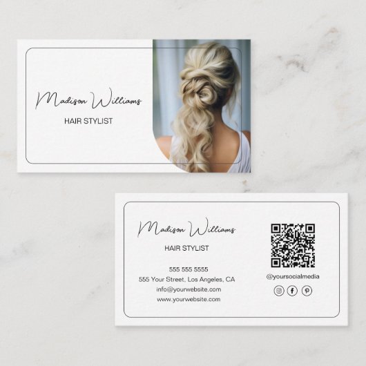 Carte De Visite Modern Hair Stylist Salon Photo QR Code White (Devant / Derrière)