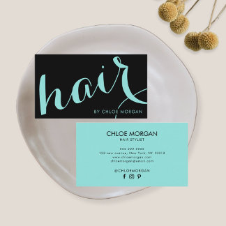 Carte De Visite Modern hair stylist script black and blue