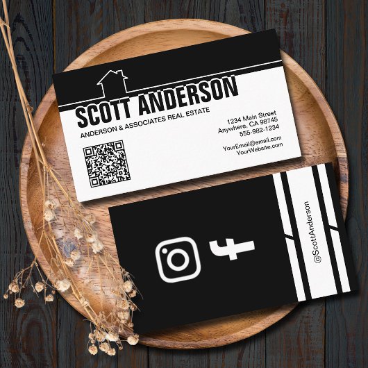 Carte De Visite Modern Home Logo Social Media QR Code Black