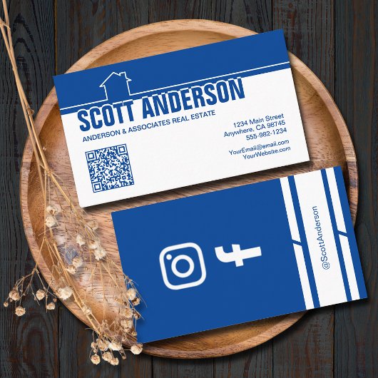 Carte De Visite Modern Home Logo Social Media QR Code Blue