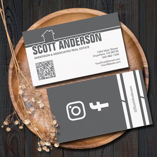 Carte De Visite Modern Home Logo Social Media QR Code Grey