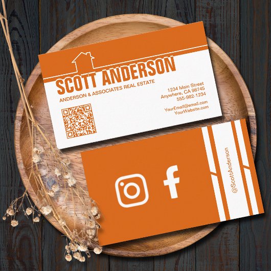 Carte De Visite Modern Home Logo Social Media QR Code Orange