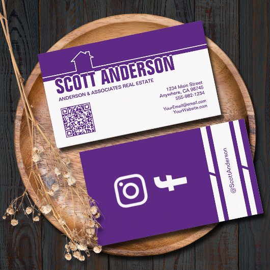 Carte De Visite Modern Home Logo Social Media QR Code Purple