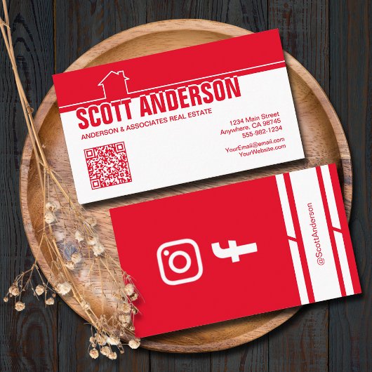 Carte De Visite Modern Home Logo Social Media QR Code Red