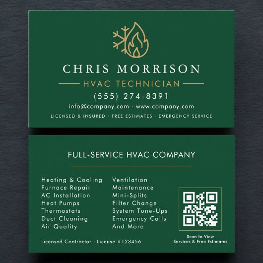 Carte De Visite Modern HVAC Green Gold QR Code