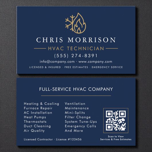 Carte De Visite Modern HVAC Navy Blue Gold QR Code