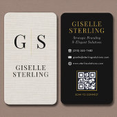 Carte De Visite Modern Linen Gold Monogram QR Code