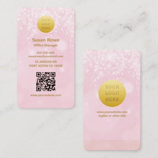 Carte De Visite Modern Luxe Pink Bokeh Balls QR Code (Devant / Derrière)