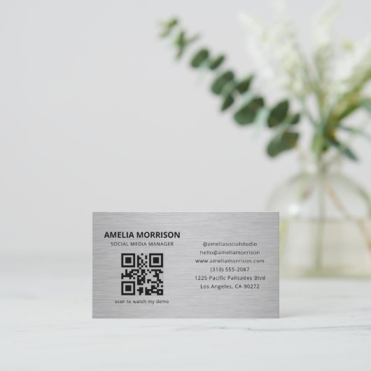 Carte De Visite Modern Metal QR Code Minimalist Professional (Debout devant)