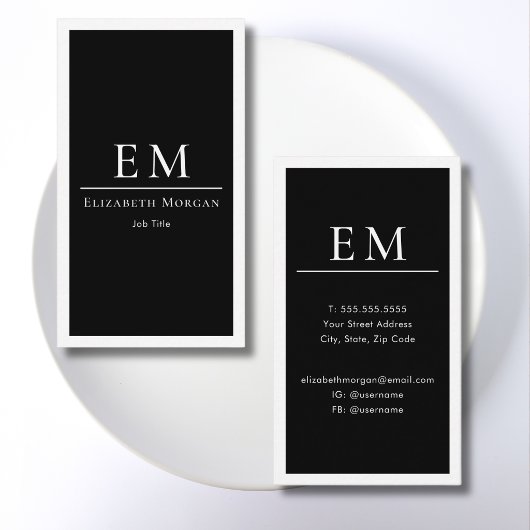 Carte De Visite Modern Minimal Black White Monogram Vertical 