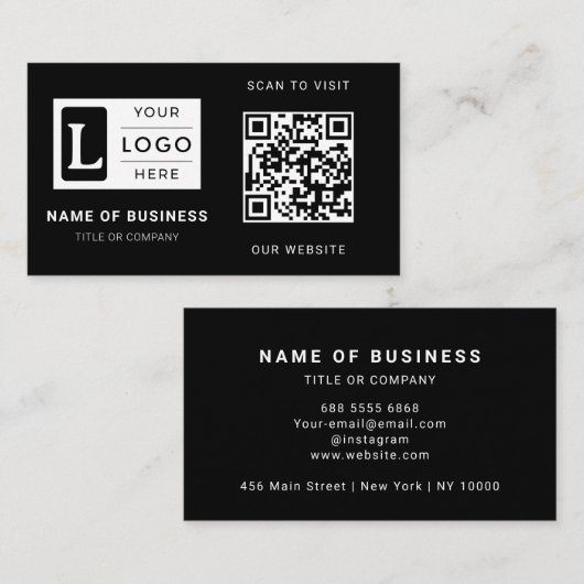 Carte De Visite Modern Minimalist Black Custom Logo QR Code (Devant / Derrière)