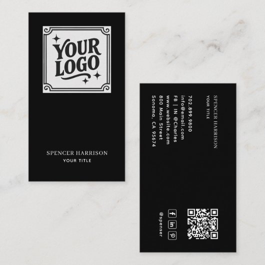 Carte De Visite Modern Minimalist Black QR Code Logo Social Media (Devant / Derrière)