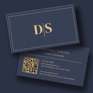 Carte De Visite Modern Minimalist Dark Blue Initials QR Code